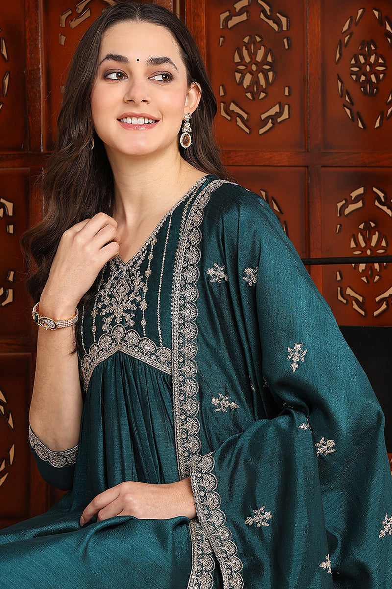 Green Silk Blend Solid Embroidered Flared Suit Set | SHOBITAM