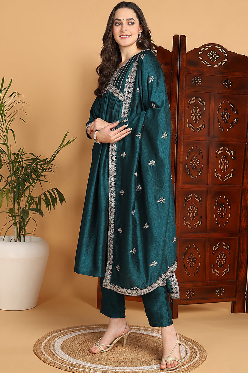 Green Silk Blend Solid Embroidered Flared Suit Set | SHOBITAM