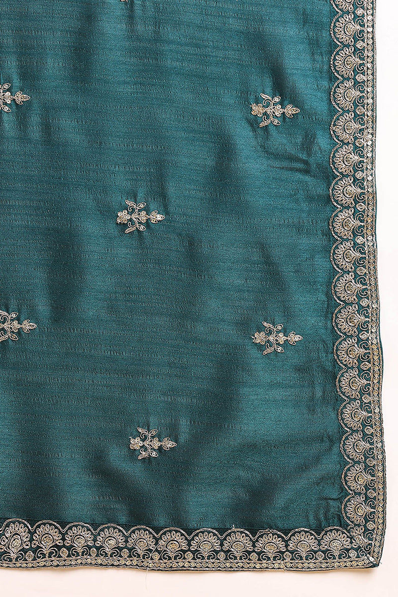 Green Silk Blend Solid Embroidered Flared Suit Set | SHOBITAM