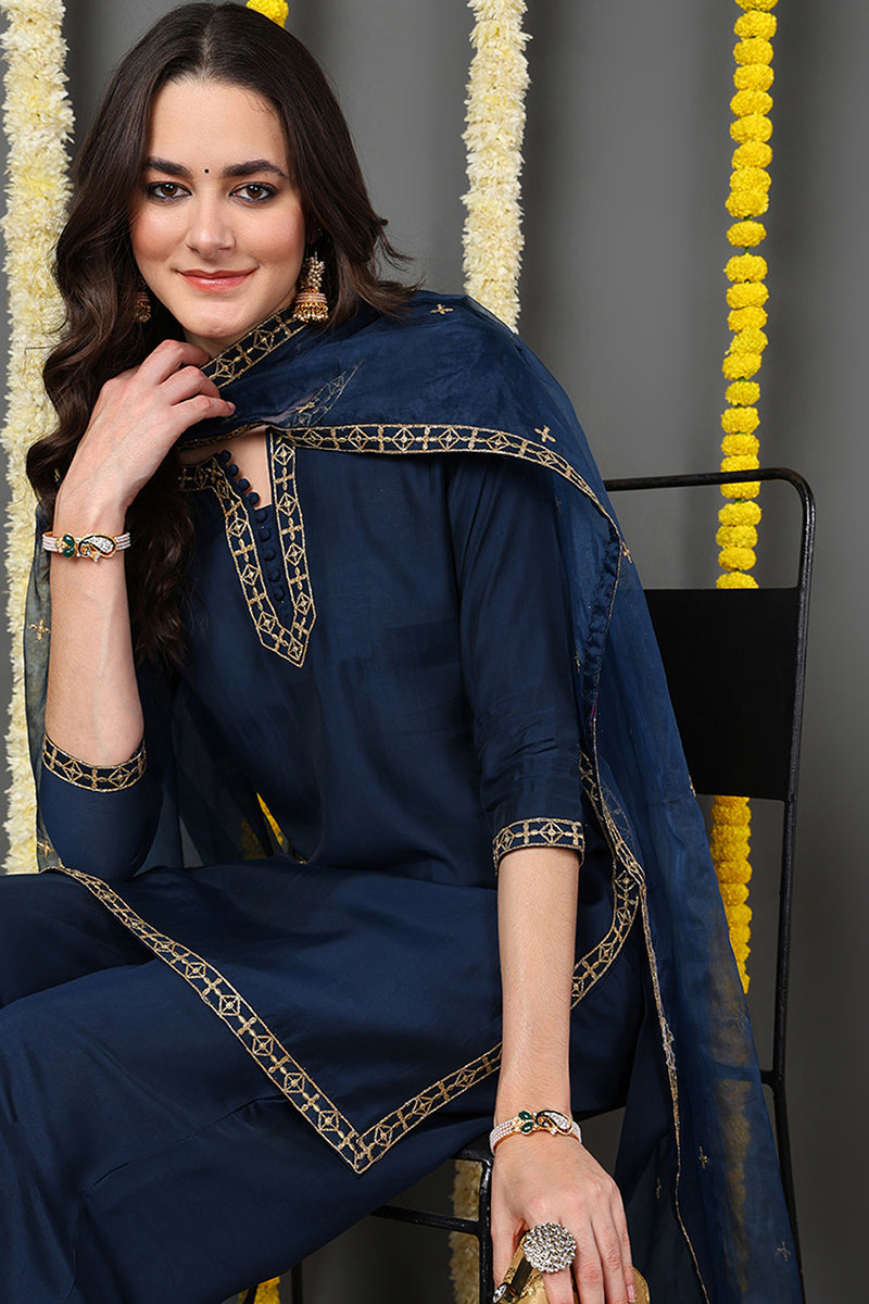 Blue Silk Blend Solid Embroidered Straight Suit Set | SHOBITAM