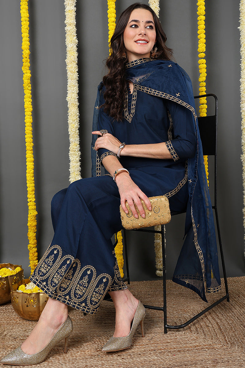 Blue Silk Blend Solid Embroidered Straight Suit Set | SHOBITAM