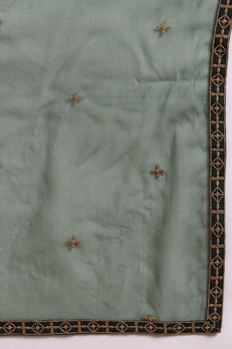 Green Silk Blend Solid Embroidered Straight Suit Set | SHOBITAM