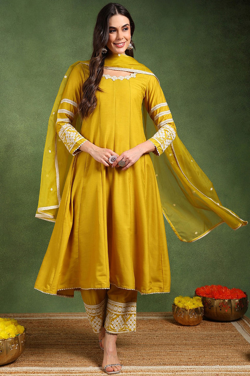Yellow Silk Blend Solid Embroidered Anarkali Suit Set | SHOBITAM