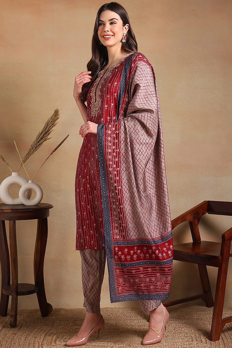 Maroon Silk Blend Embroidered Straight Suit Set | SHOBITAM