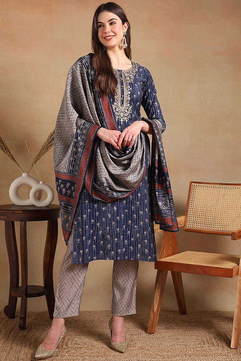 Navy Blue Silk Blend Embroidered Straight Suit Set | SHOBITAM