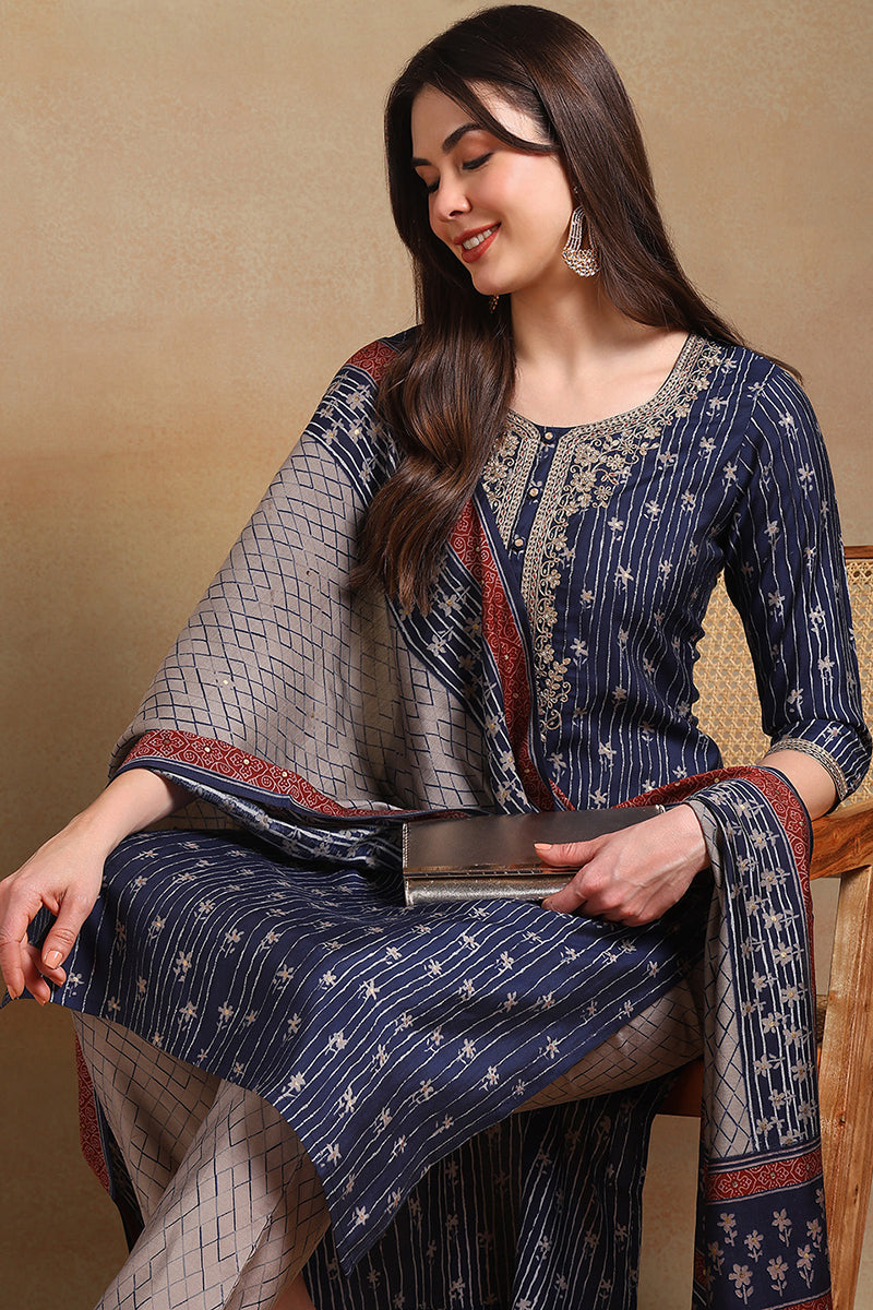 Navy Blue Silk Blend Embroidered Straight Suit Set | SHOBITAM