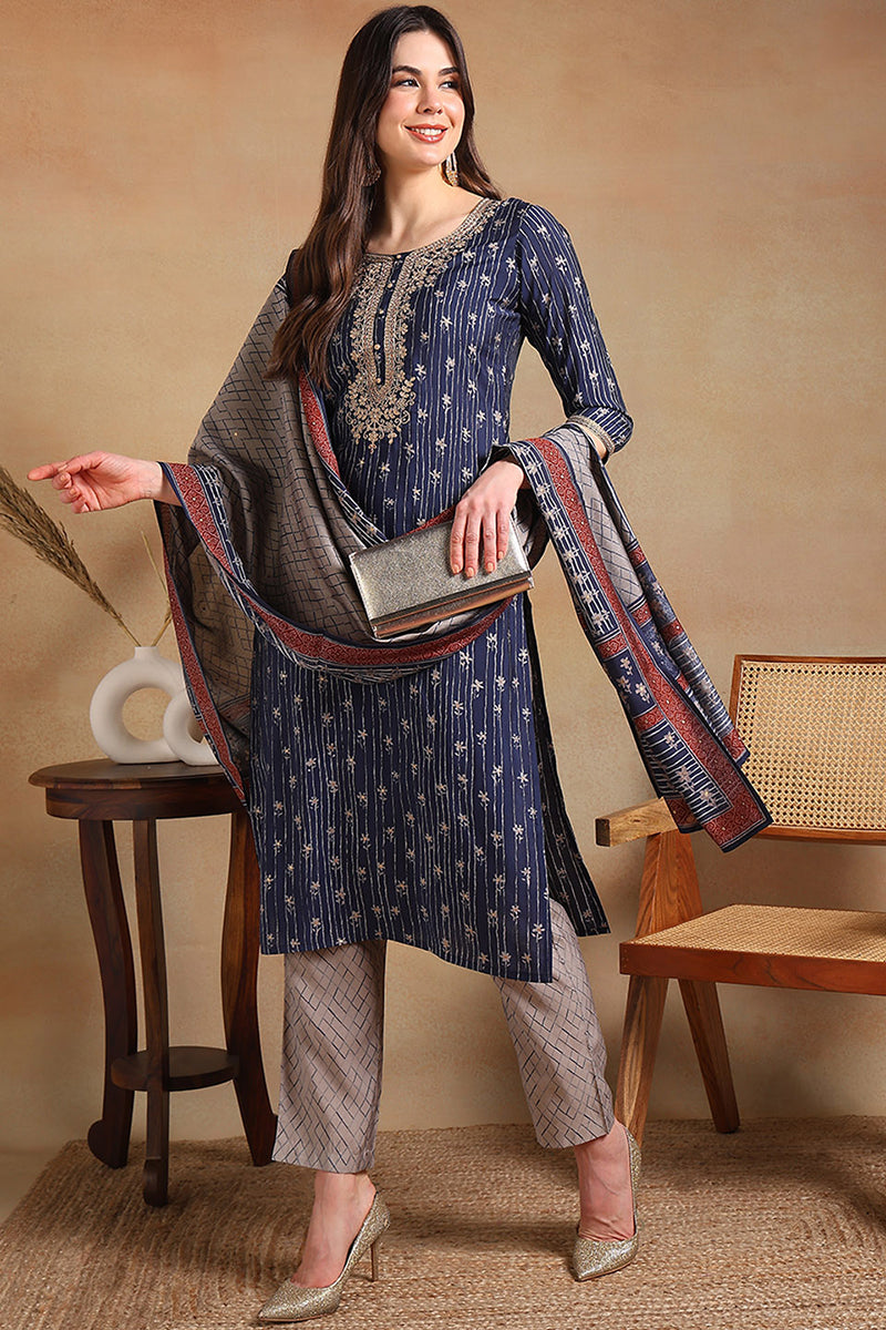 Navy Blue Silk Blend Embroidered Straight Suit Set | SHOBITAM