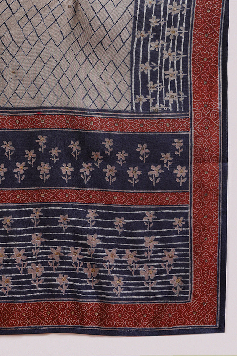 Navy Blue Silk Blend Embroidered Straight Suit Set | SHOBITAM