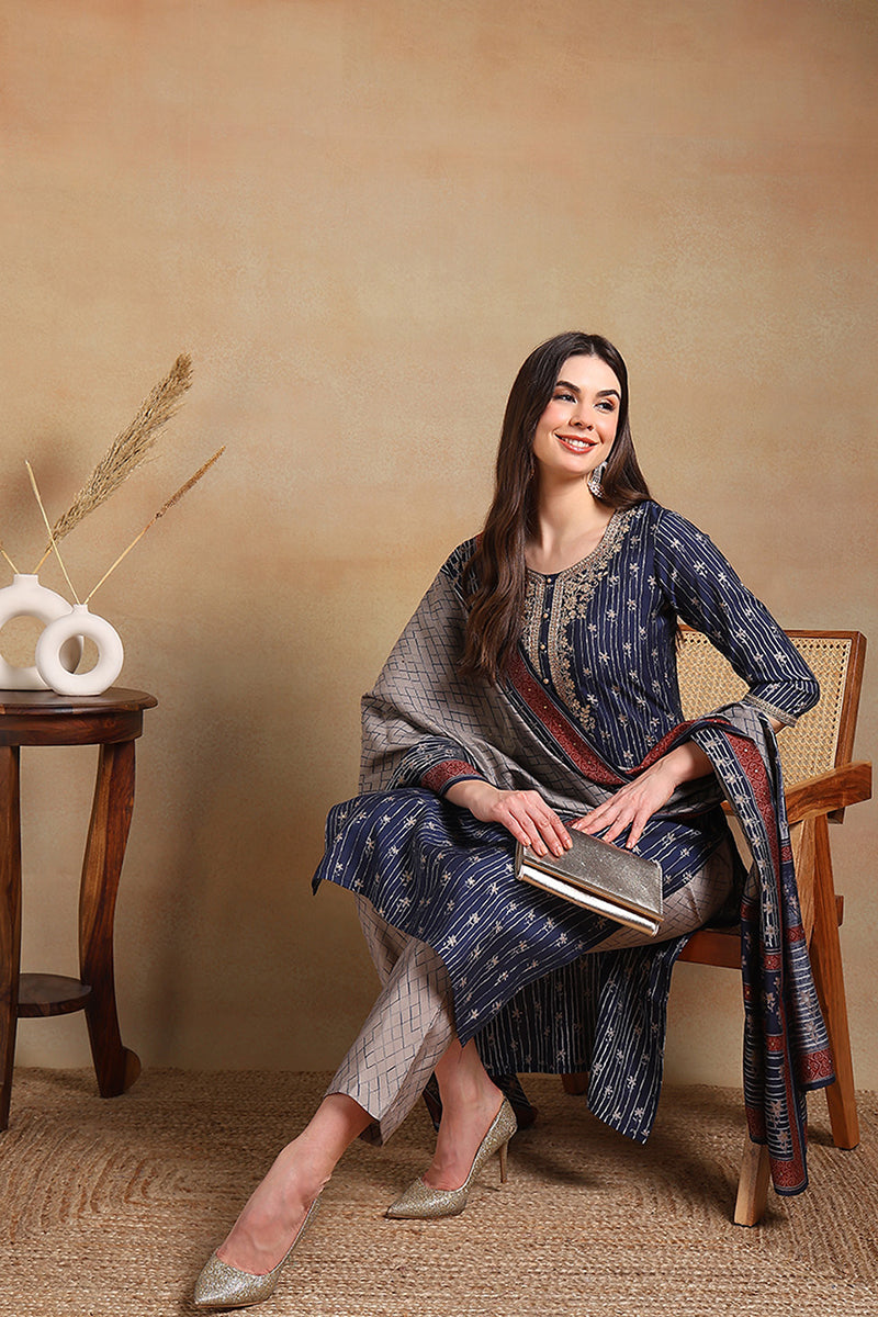 Navy Blue Silk Blend Embroidered Straight Suit Set | SHOBITAM