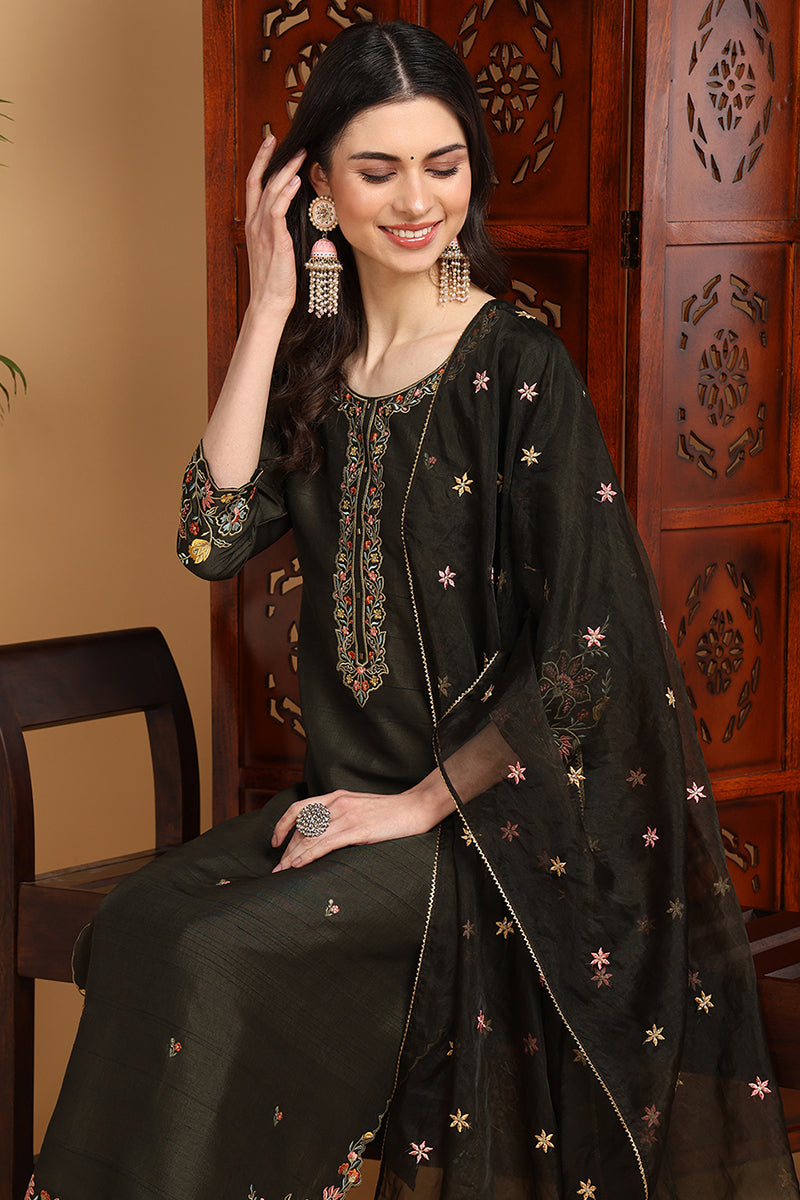 Olive Green Silk Blend Floral Embroidered Straight Suit Set | SHOBITAM