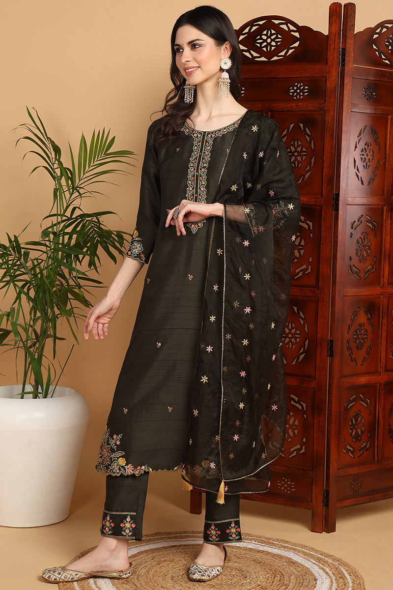 Olive Green Silk Blend Floral Embroidered Straight Suit Set | SHOBITAM