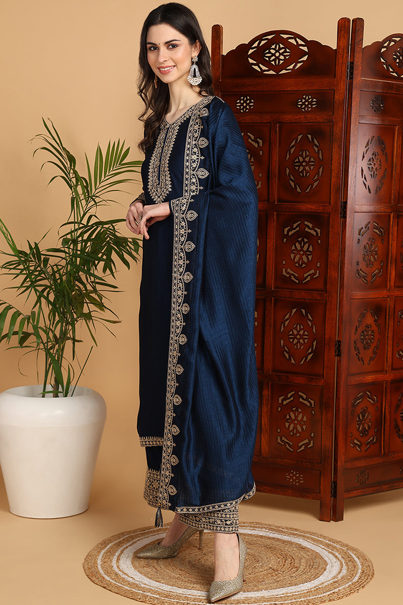 Navy Blue Silk Blend Solid Embroidered Straight Suit Set | SHOBITAM