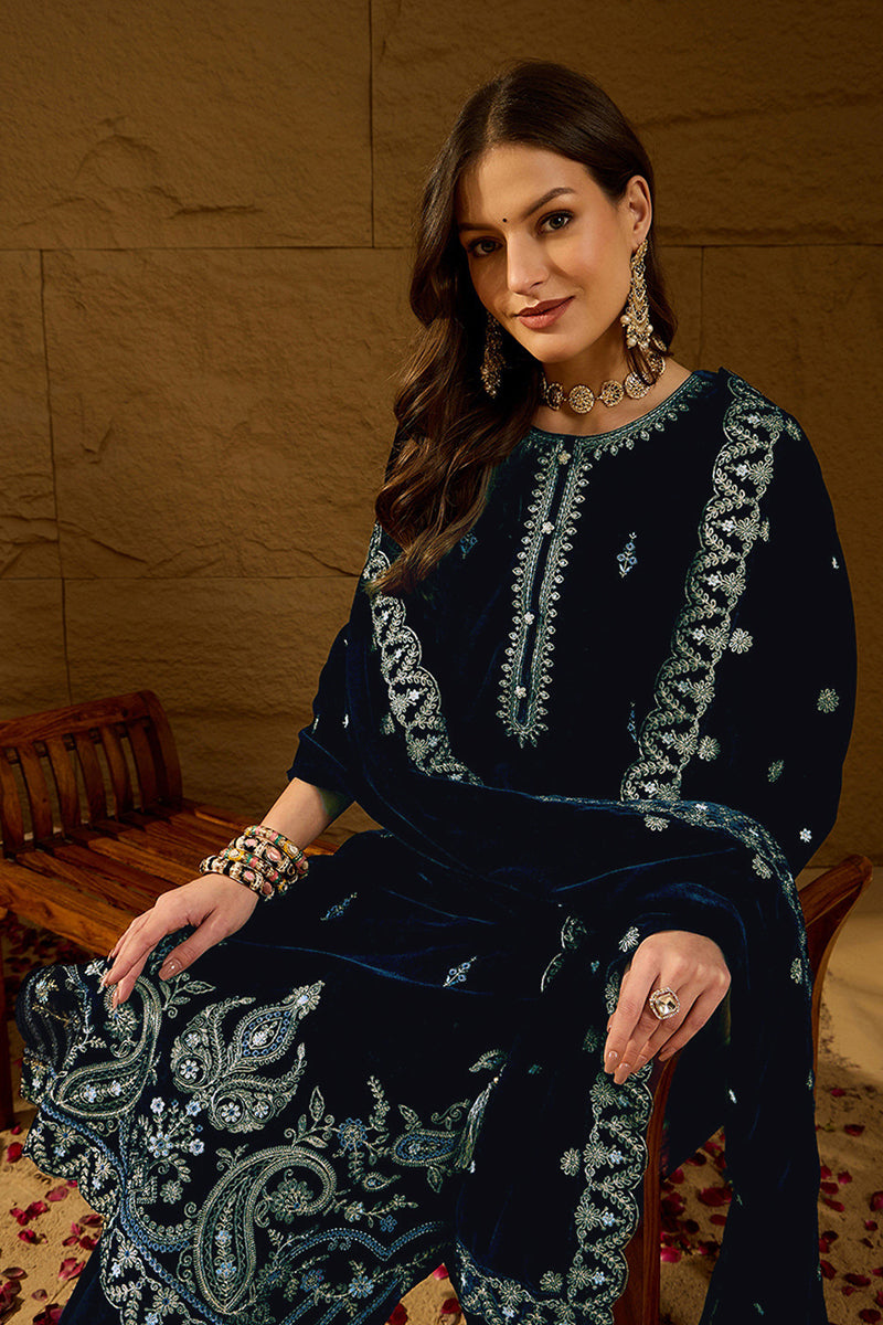 Blue Velvet Solid Embroidered Straight Trousers Suit Set | SHOBITAM