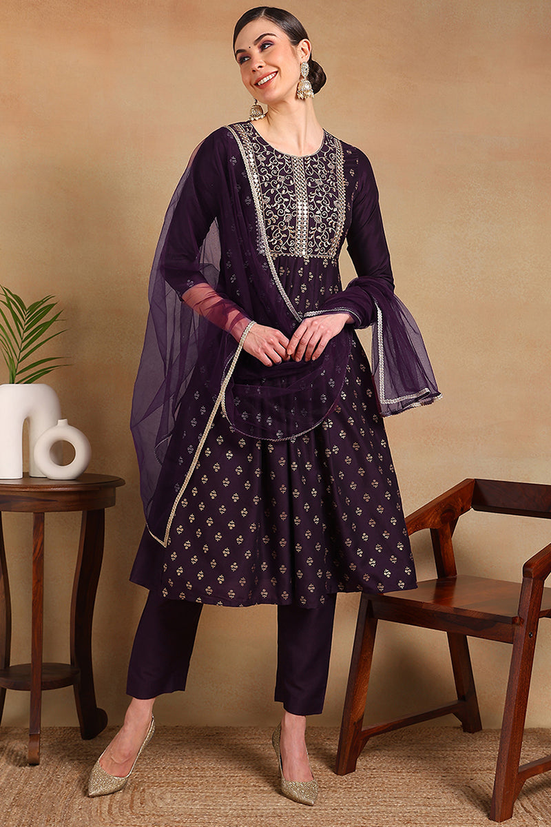 Purple Silk Blend Solid Woven Design Flared Empire Suit Set | SHOBITAM