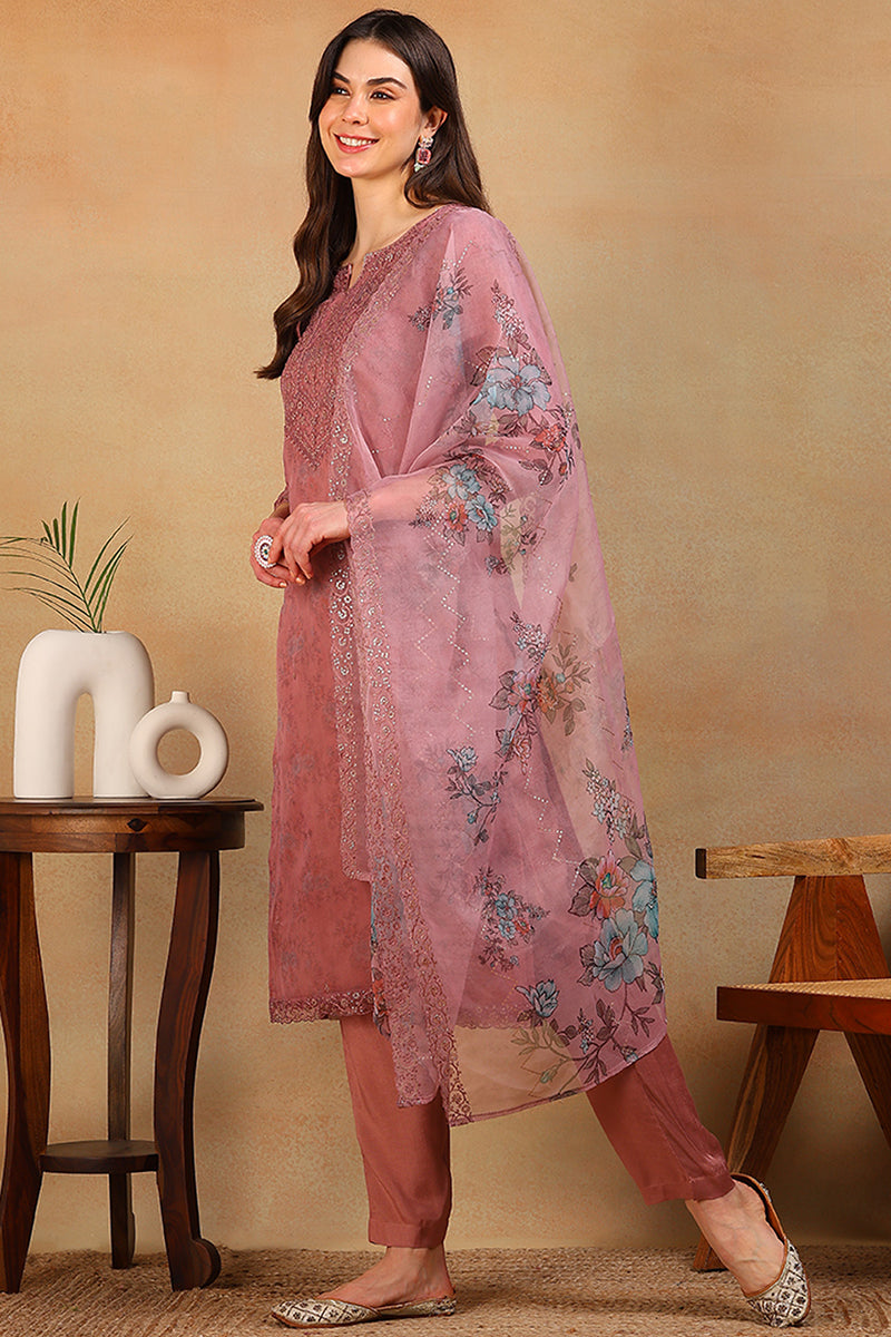 Mauve Organza Floral Embroidered Straight Regular Suit Set | SHOBITAM