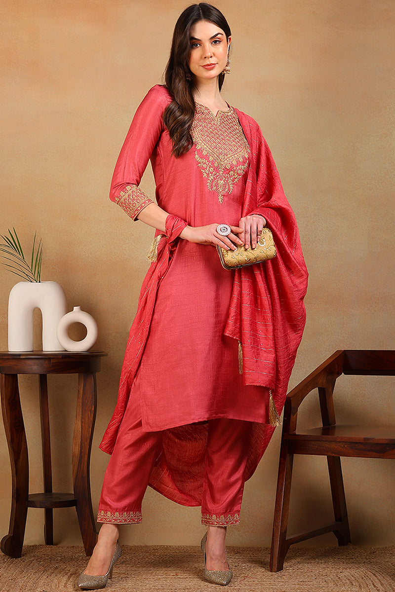 Rust Red Silk Blend Solid Embroidered Straight Suit Set  | SHOBITAM