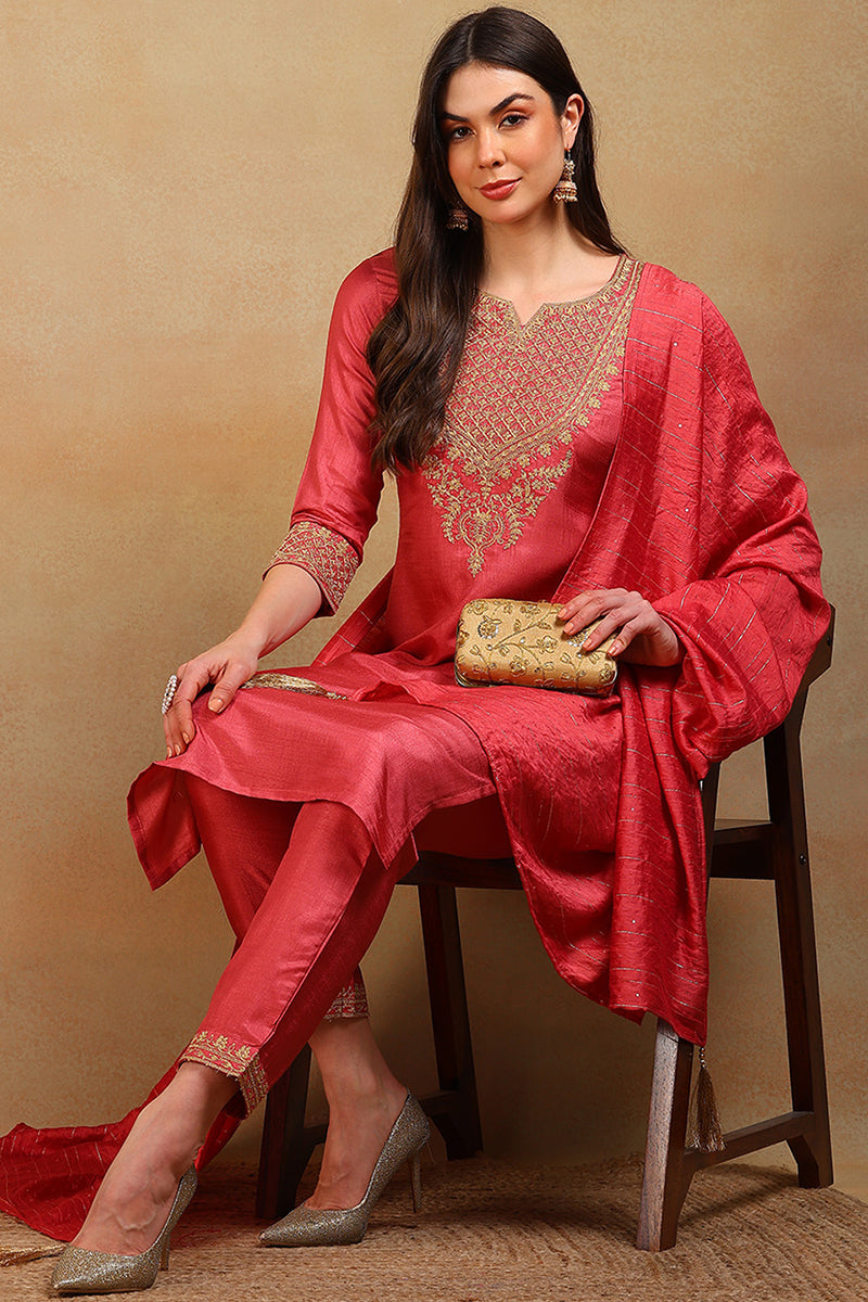 Rust Red Silk Blend Solid Embroidered Straight Suit Set  | SHOBITAM