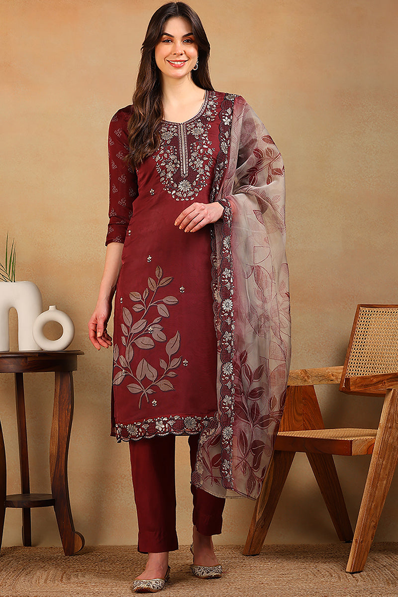 Rust Red Organza Floral Embroidered Straight Suit Set | SHOBITAM