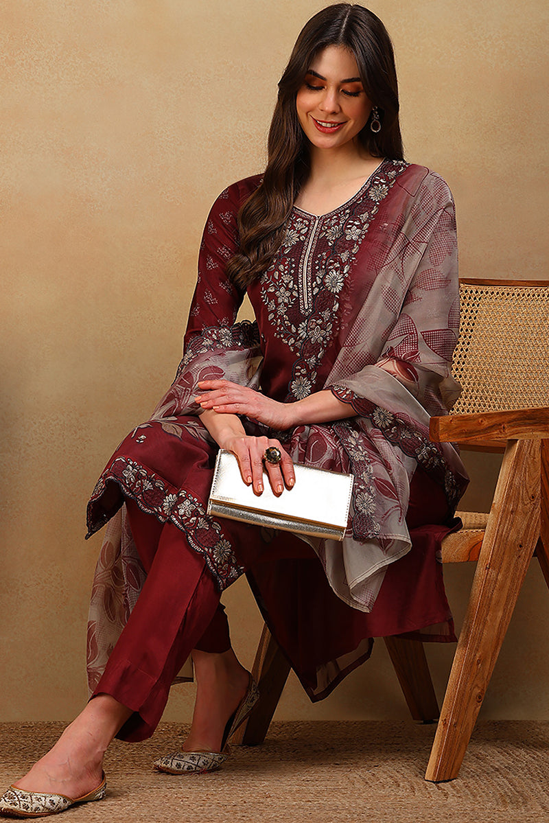 Rust Red Organza Floral Embroidered Straight Suit Set | SHOBITAM
