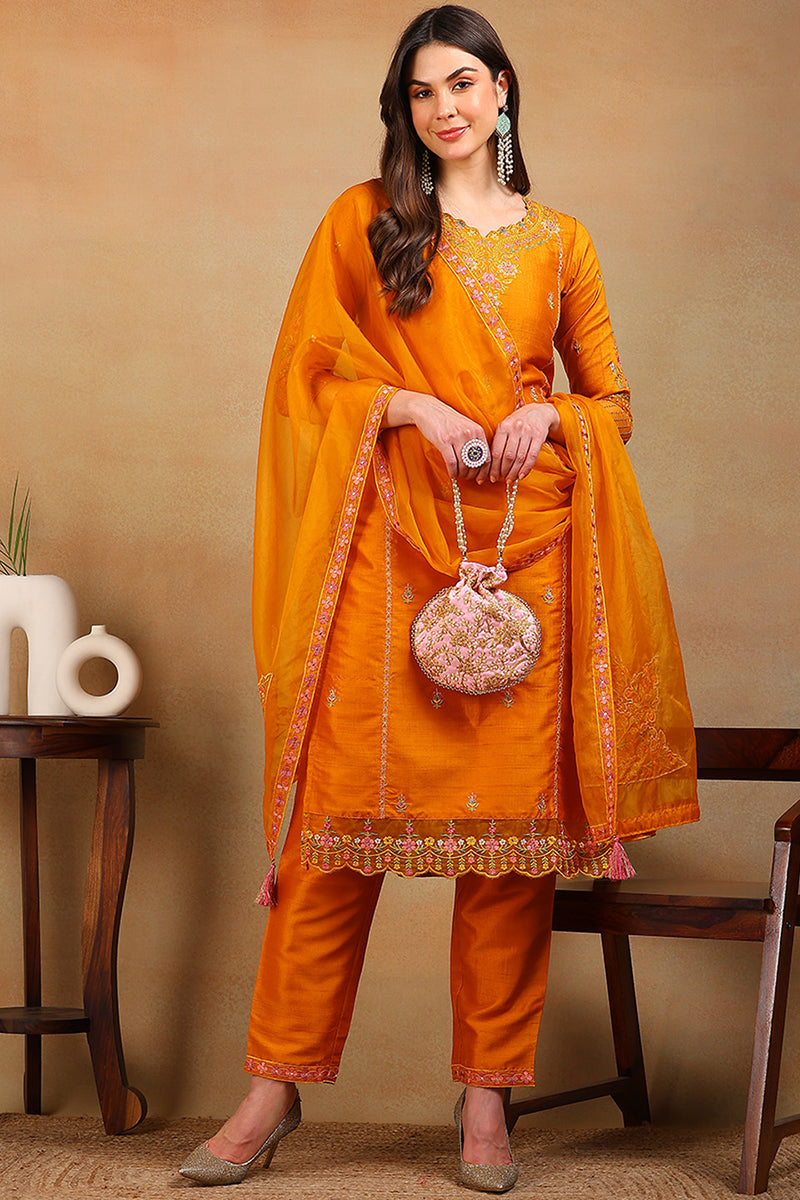 Mustard Yellow Silk Blend Solid Embroidered Straight Suit Set | SHOBITAM