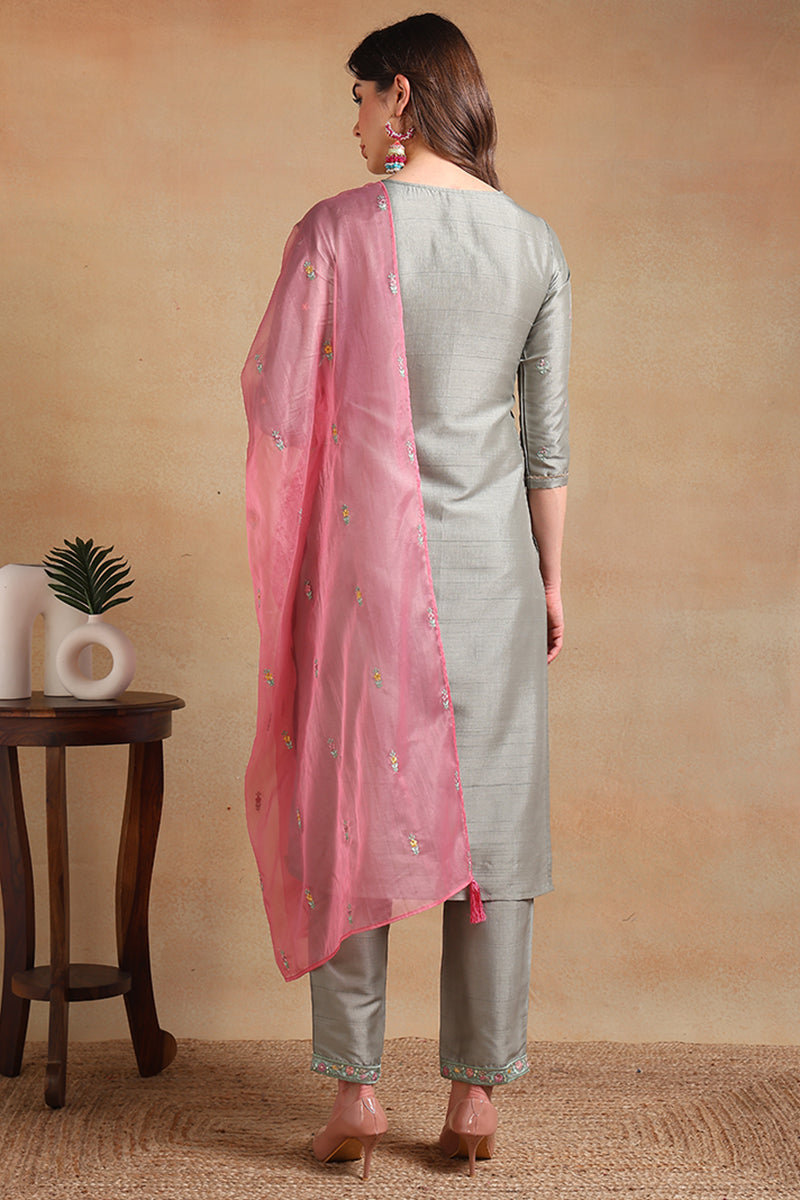 Grey Silk Blend Floral Embroidered Straight Trouser Suit Set | SHOBITAM