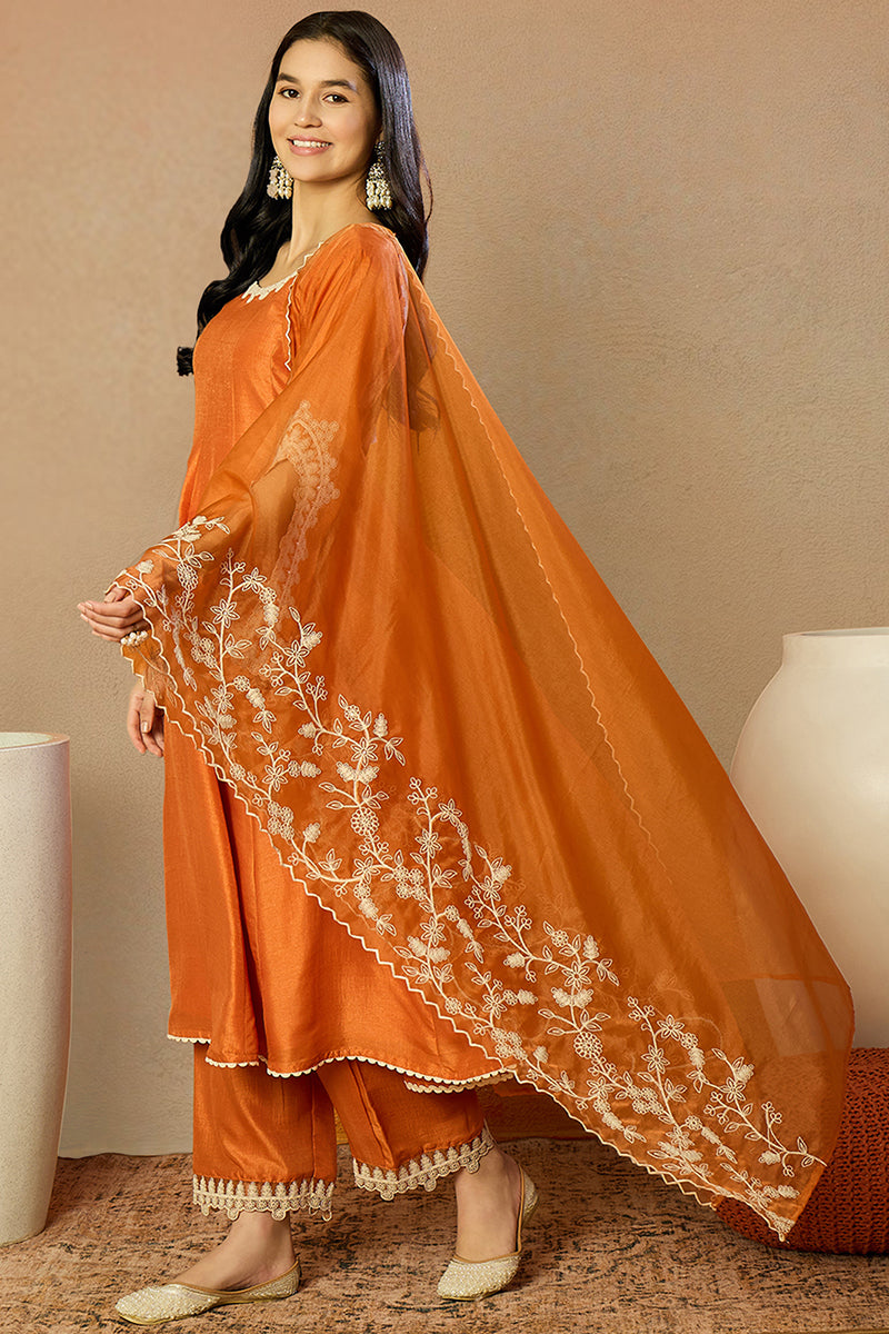 Orange Silk Blend Solid Embroidered Flared Suit Set | SHOBITAM