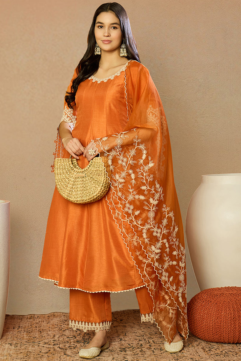 Orange Silk Blend Solid Embroidered Flared Suit Set | SHOBITAM