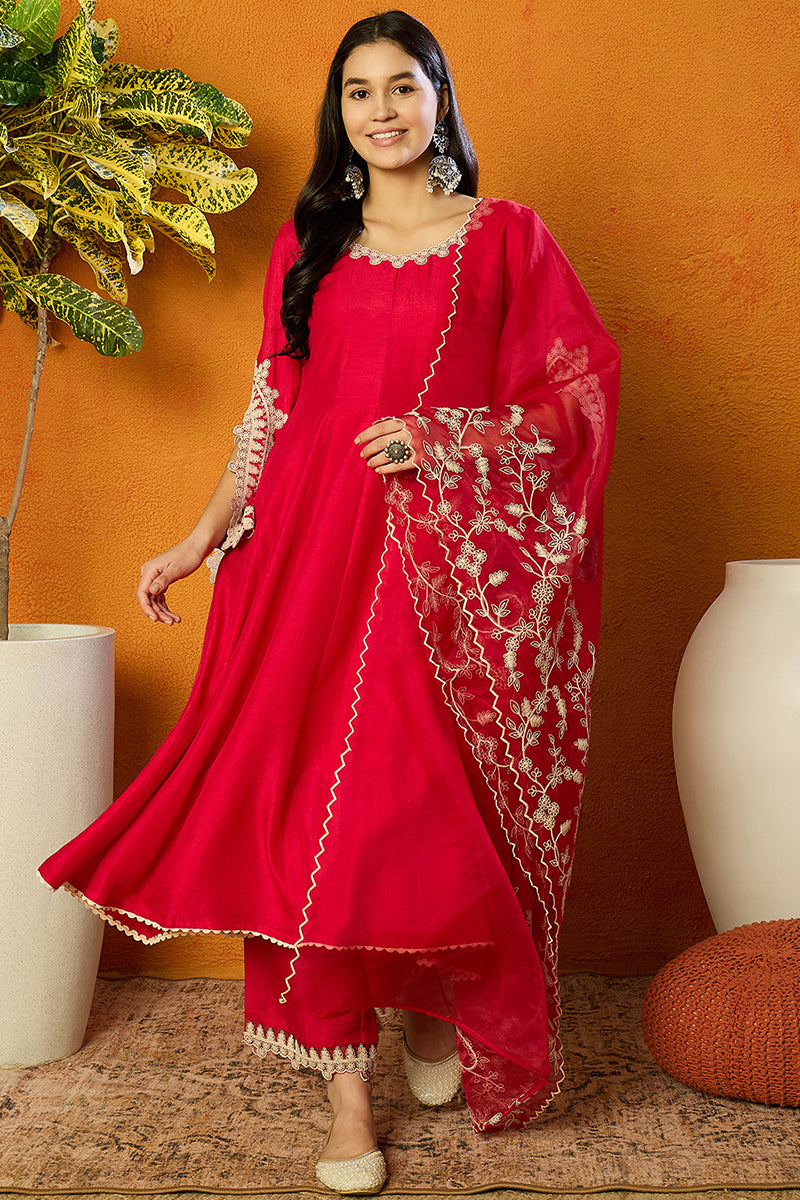 Fuchsia Pink Silk Blend Solid Embroidered Flared Suit Set | SHOBITAM