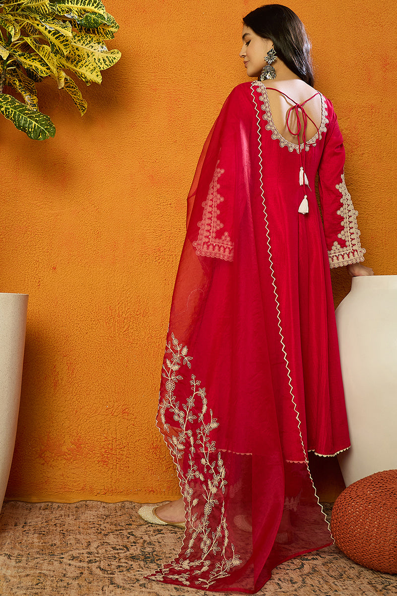 Fuchsia Pink Silk Blend Solid Embroidered Flared Suit Set | SHOBITAM