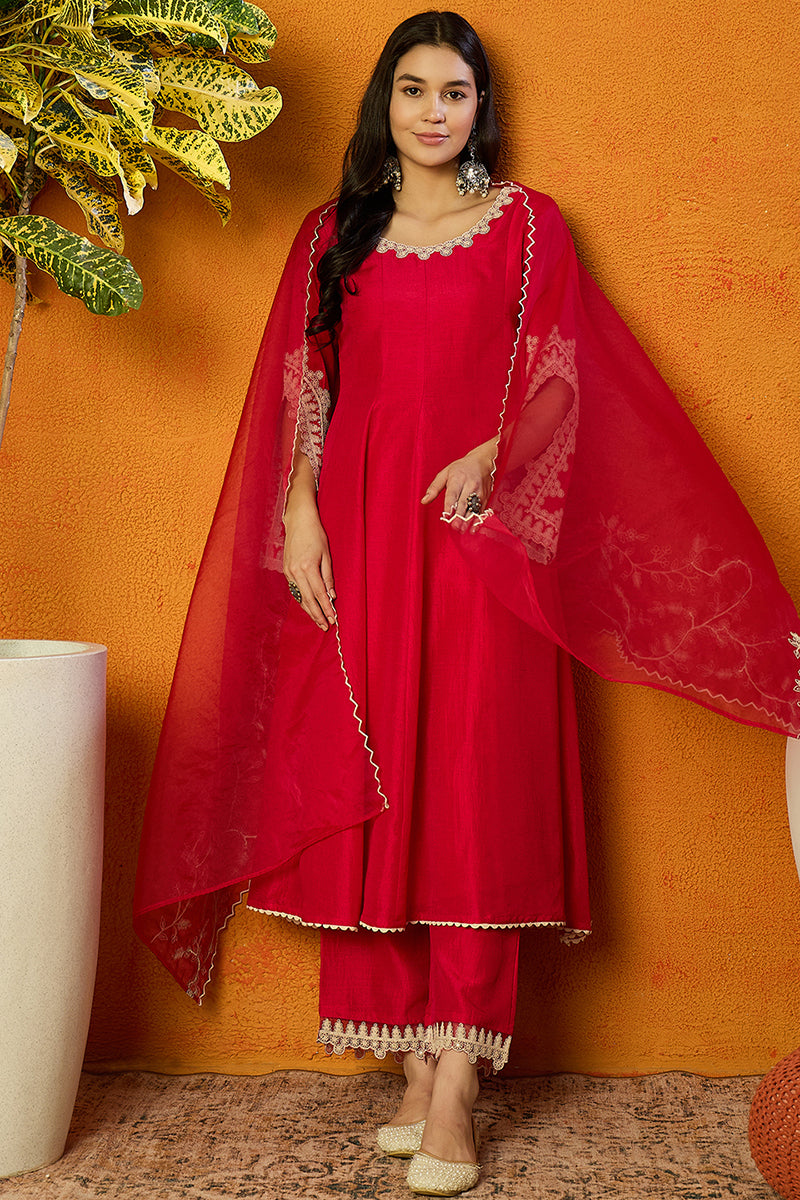 Fuchsia Pink Silk Blend Solid Embroidered Flared Suit Set | SHOBITAM