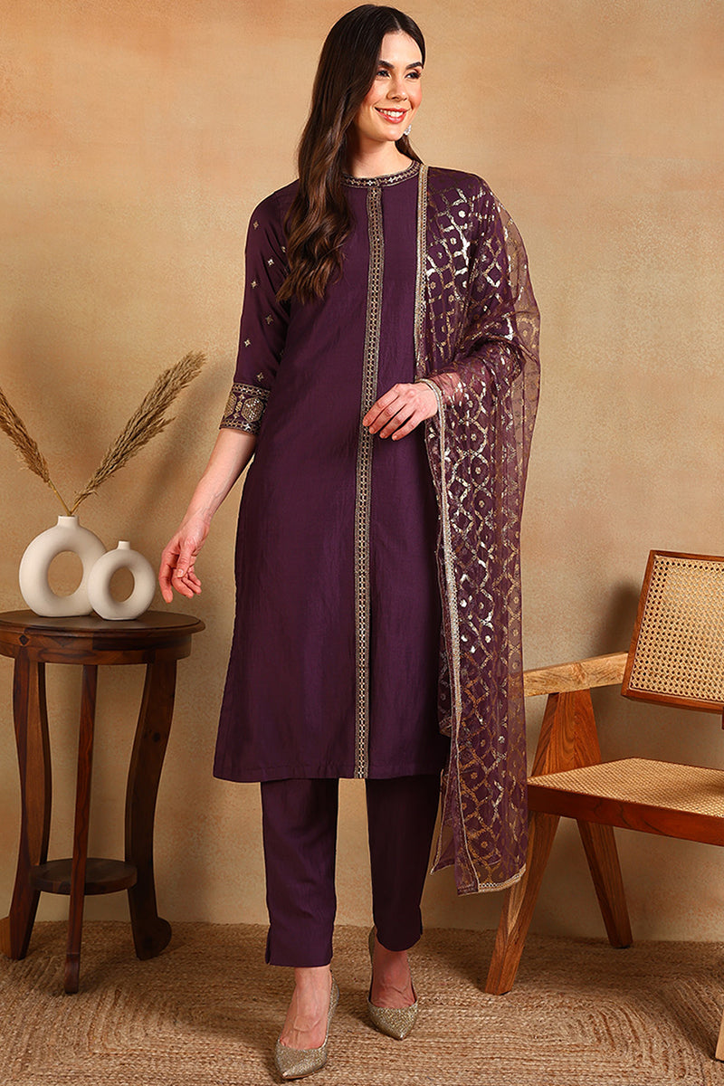 Purple Silk Blend Embroidered Straight Suit Set | SHOBITAM