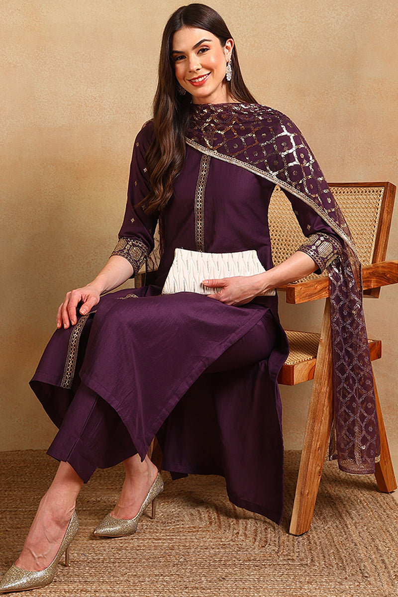 Purple Silk Blend Embroidered Straight Suit Set | SHOBITAM