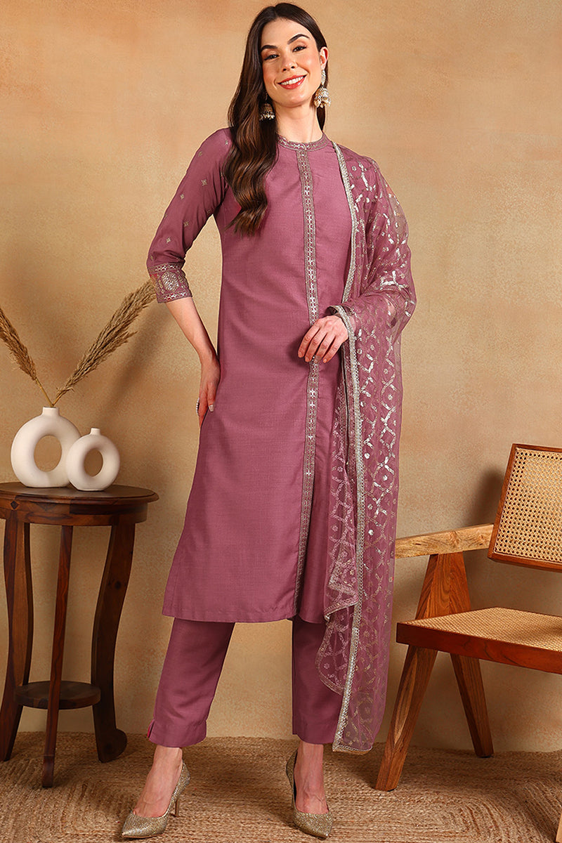 Pink Silk Blend Embroidered Straight Suit Set | SHOBITAM