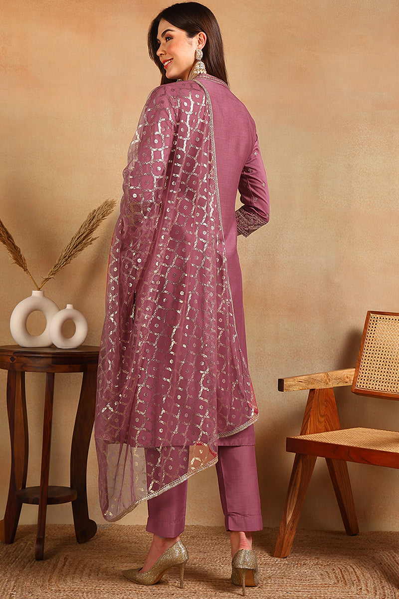 Pink Silk Blend Embroidered Straight Suit Set | SHOBITAM