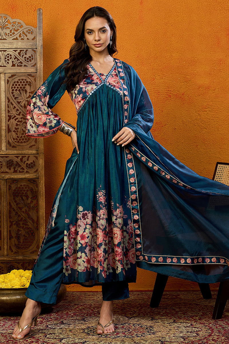 Blue Silk Blend Floral Printed A-Line Suit Set | SHOBITAM