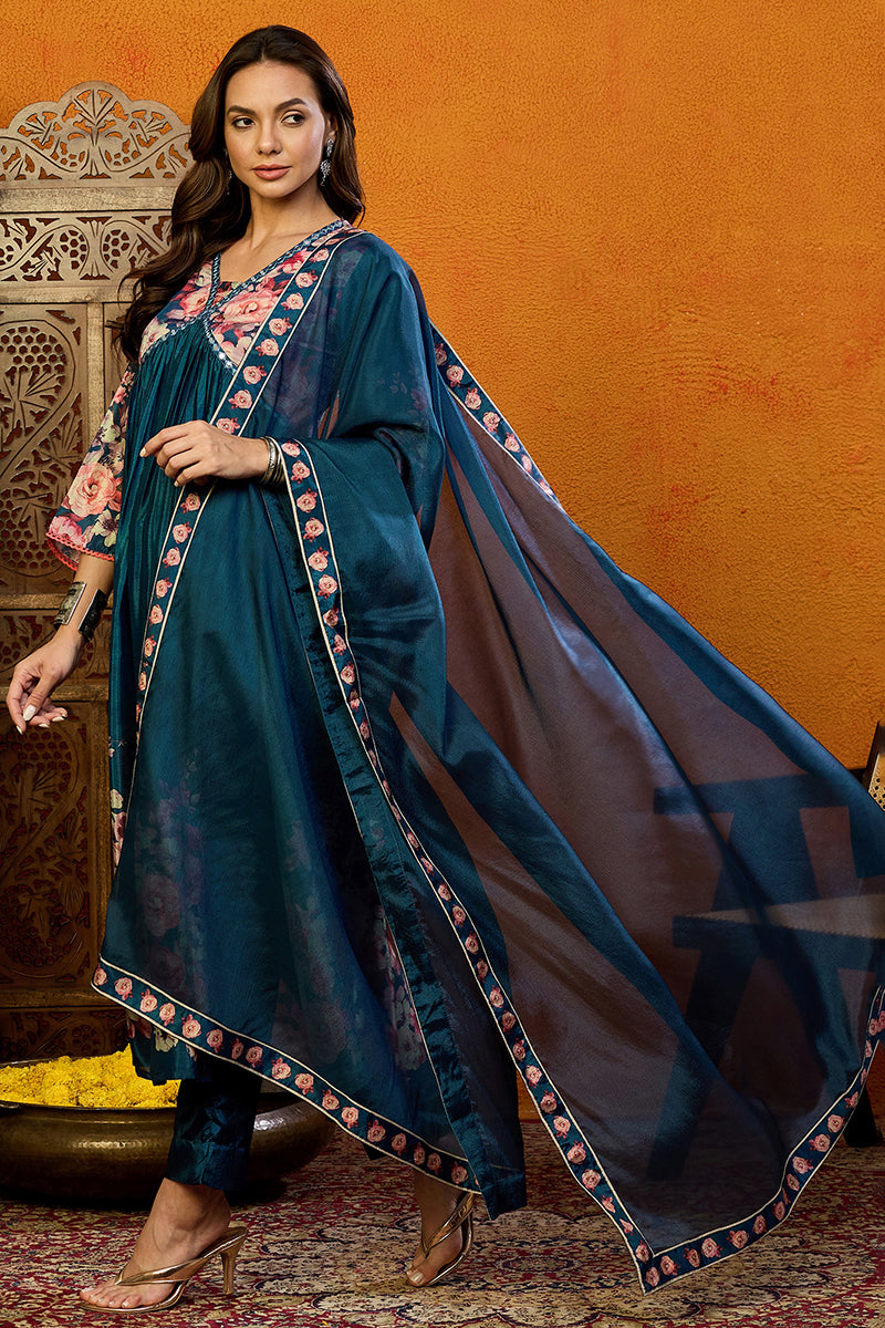 Blue Silk Blend Floral Printed A-Line Suit Set | SHOBITAM