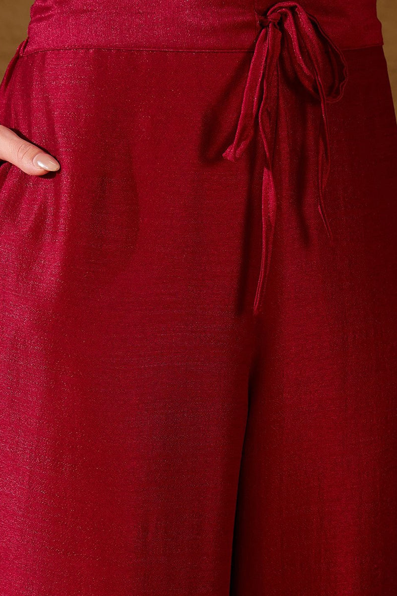 Red Silk Blend Solid Embroidered Straight Palazzo Suit Set | SHOBITAM
