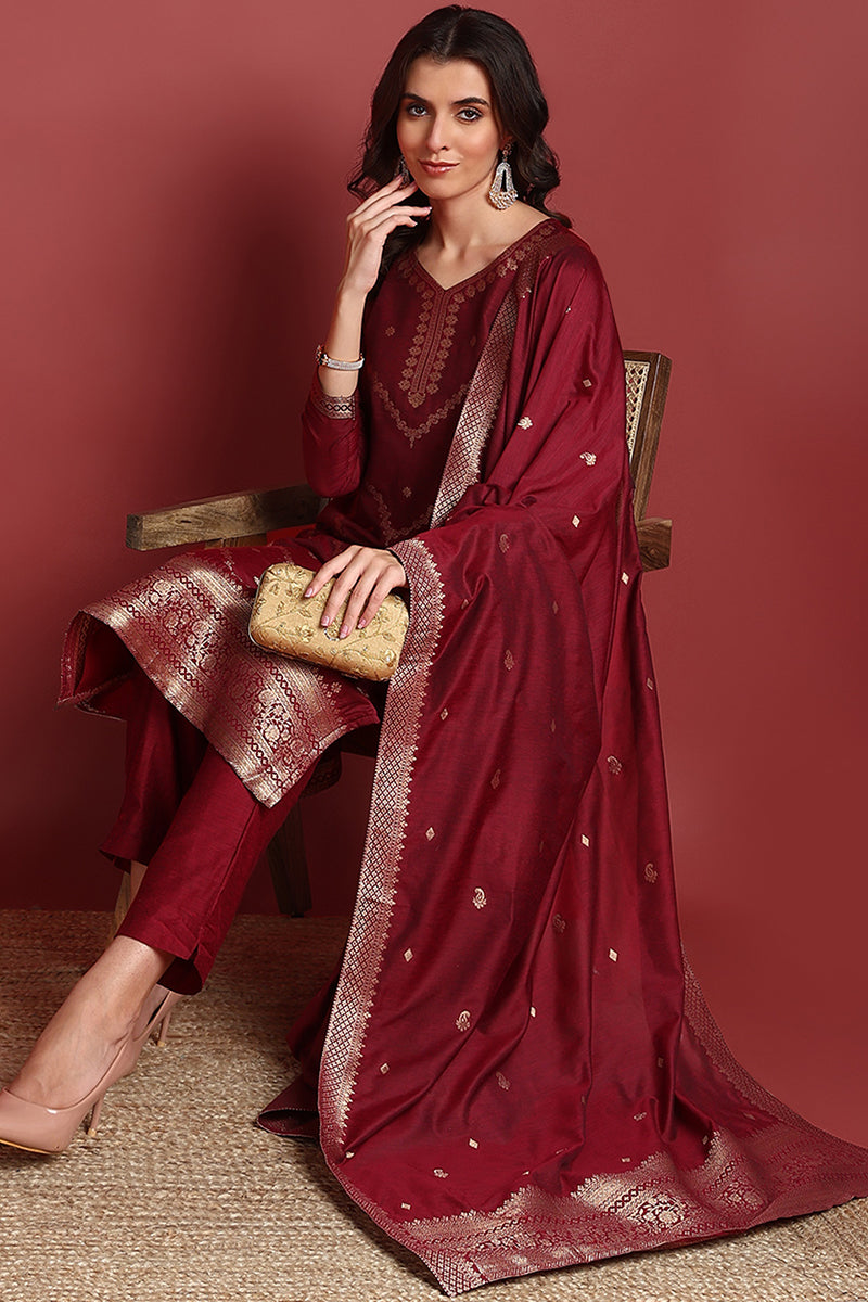 Maroon Silk Blend Ethnic Motifs Woven Design Straight Suit Set | SHOBITAM