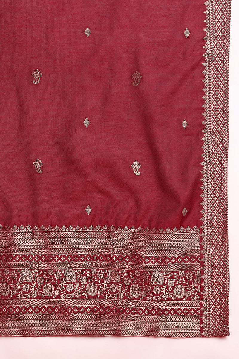 Maroon Silk Blend Ethnic Motifs Woven Design Straight Suit Set | SHOBITAM