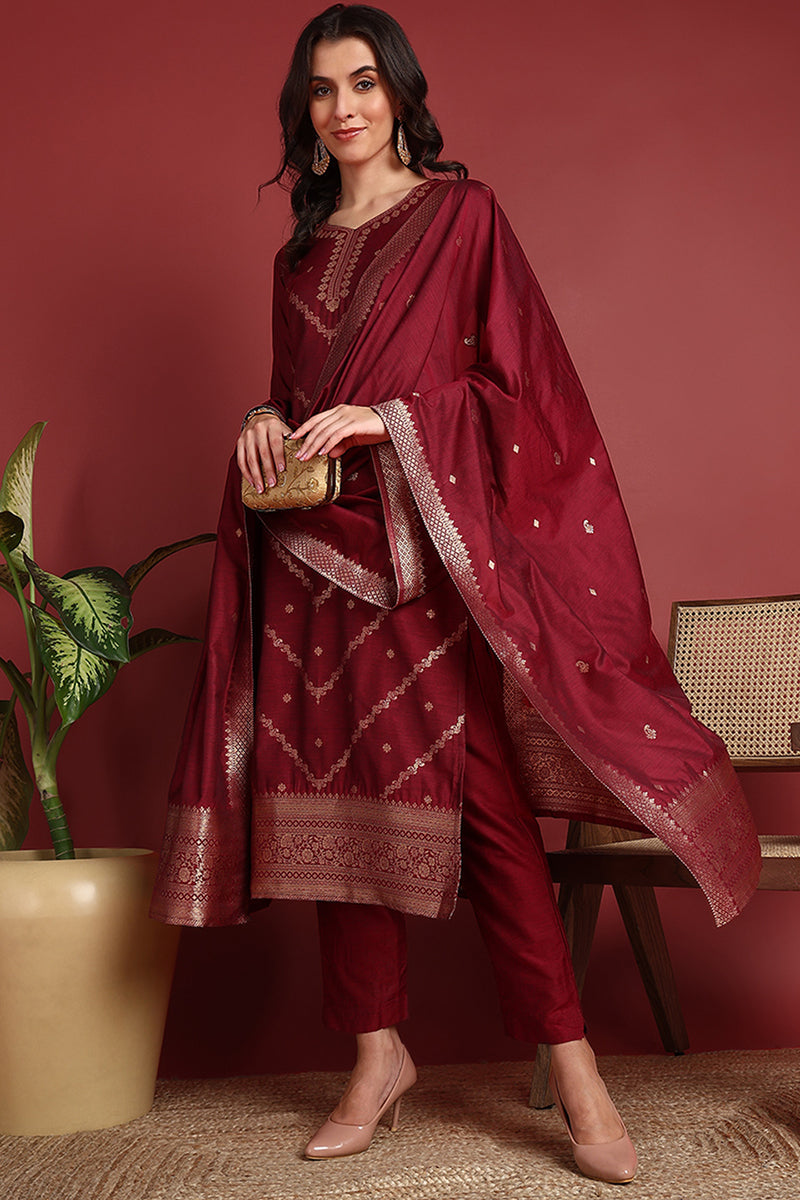 Maroon Silk Blend Ethnic Motifs Woven Design Straight Suit Set | SHOBITAM