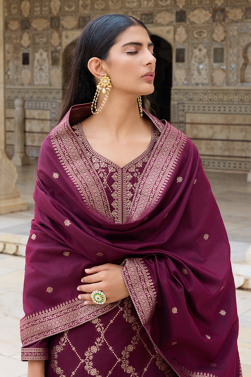 Burgundy Silk Blend Ethnic Motifs Woven Design Straight Suit Set | SHOBITAM
