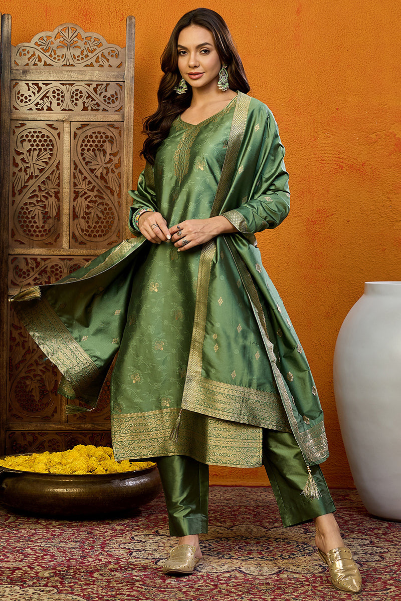 Green Silk Blend Ethnic Motifs Woven Design Straight Suit Set | SHOBITAM