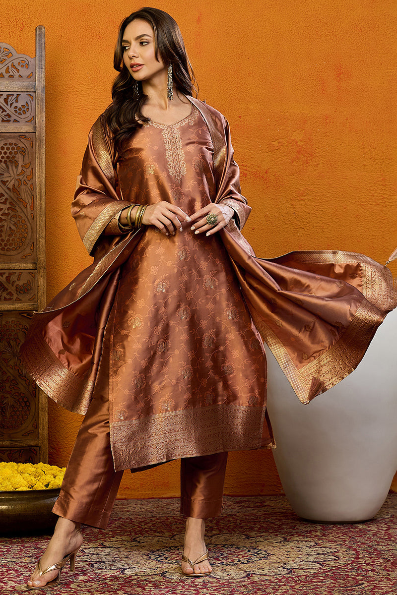 Brown Silk Blend Ethnic Motifs Woven Design Straight Suit Set | SHOBITAM