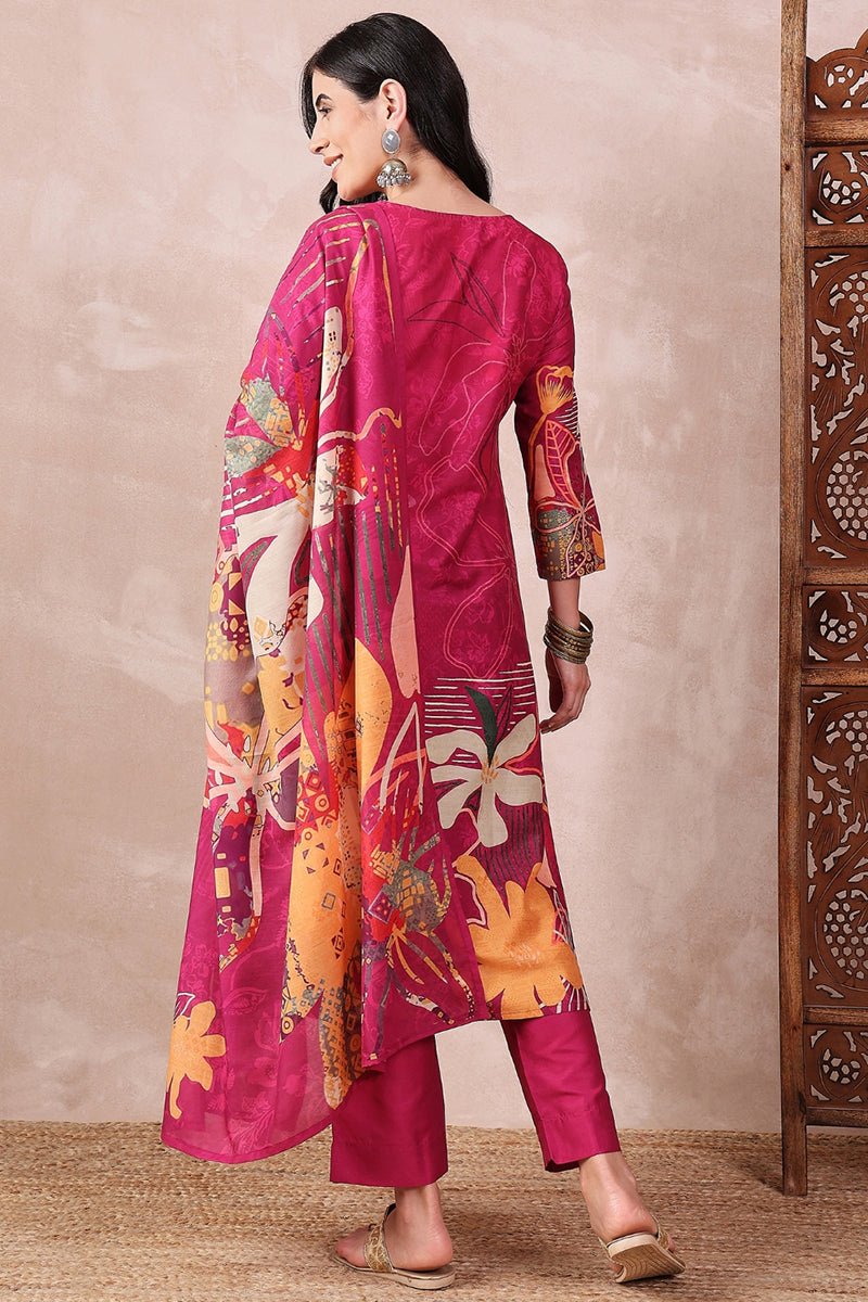 Pink Rayon Blend Floral Printed Straight Trouser Bottom Suit Set | SHOBITAM