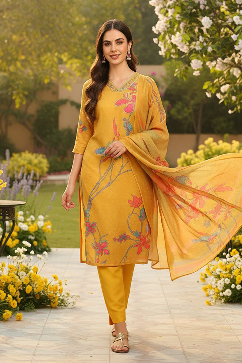 Mustard Yellow Rayon Blend Floral Printed Straight Suit Set | SHOBITAM