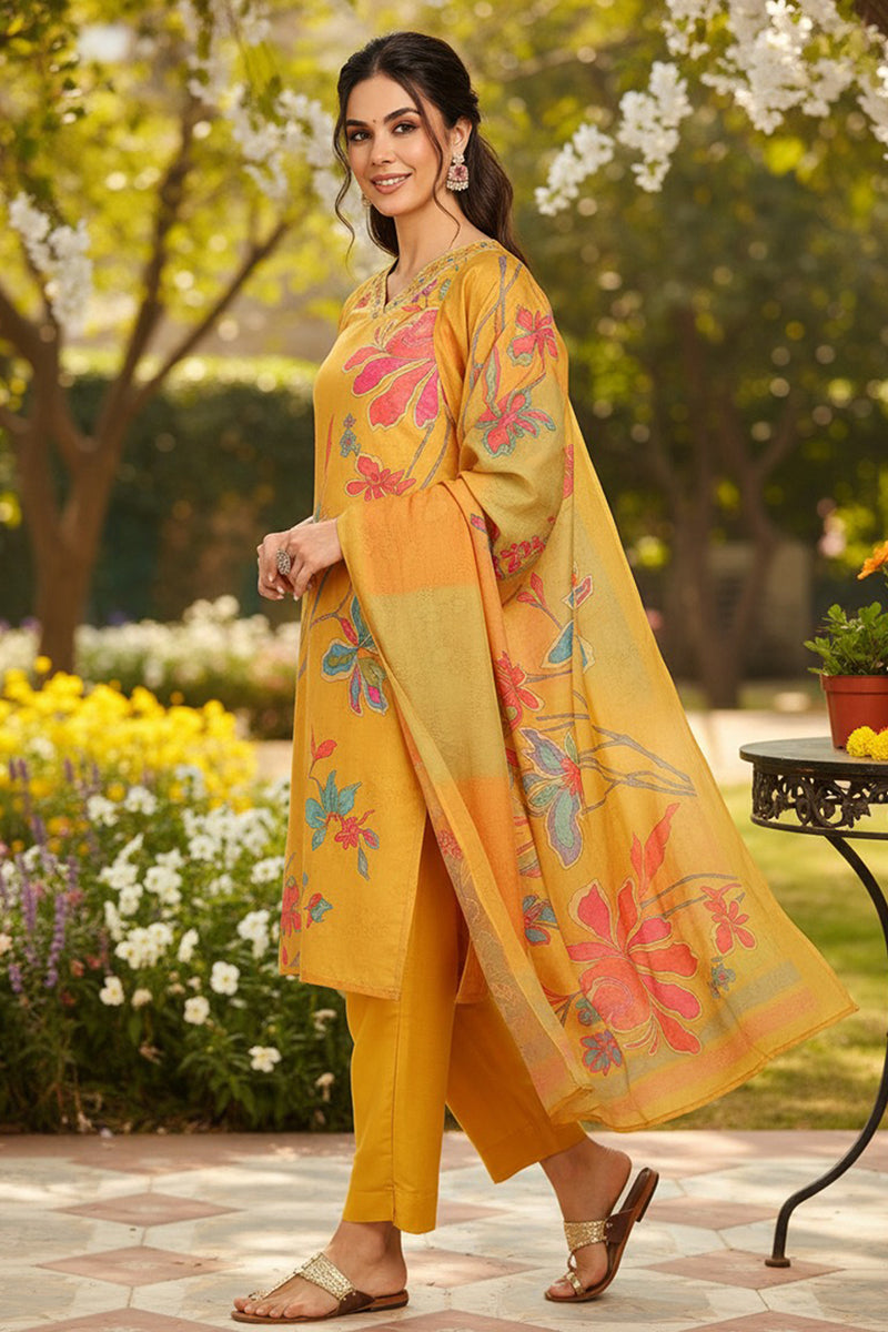 Mustard Yellow Rayon Blend Floral Printed Straight Suit Set | SHOBITAM