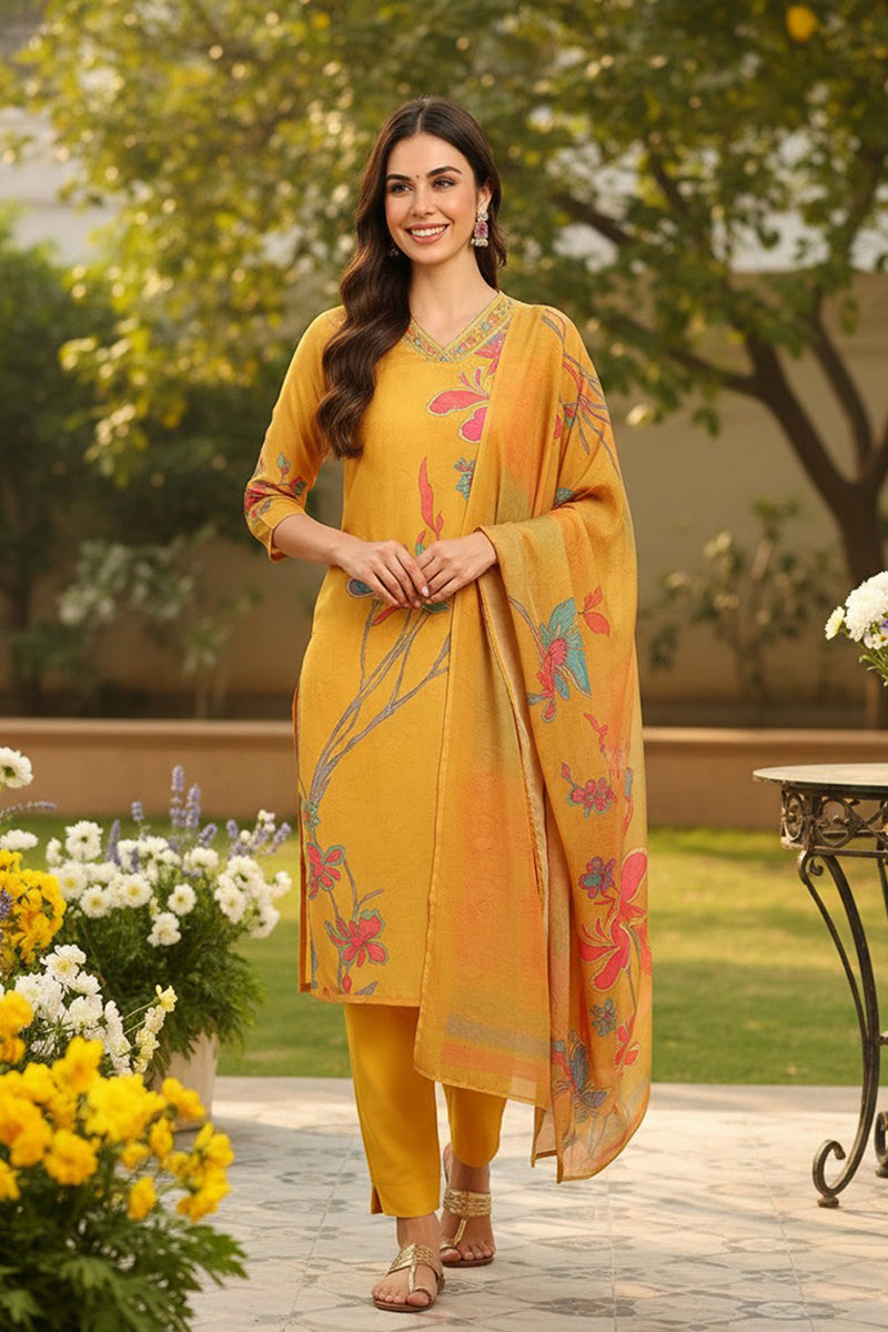 Mustard Yellow Rayon Blend Floral Printed Straight Suit Set | SHOBITAM