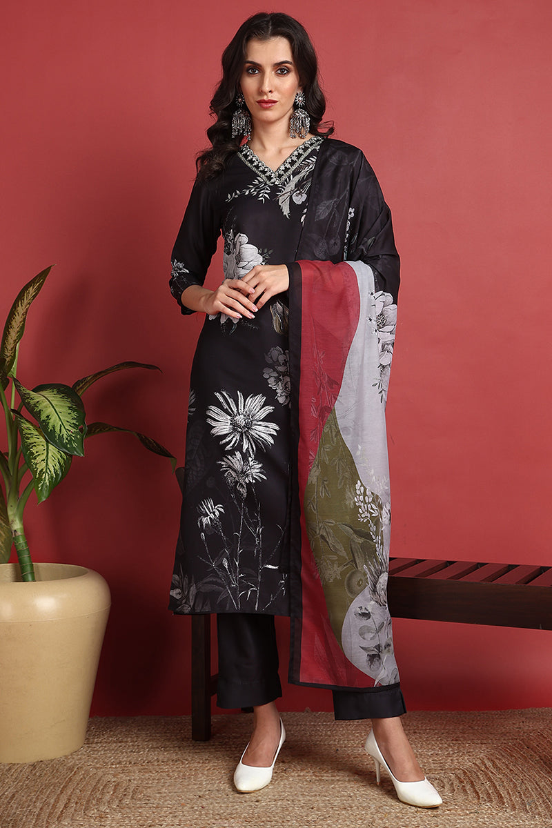 Black Rayon Blend Floral Printed Straight Suit Set | SHOBITAM