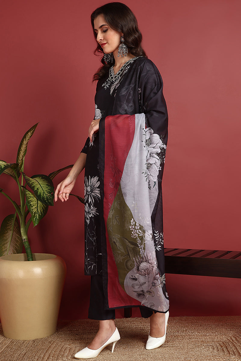 Black Rayon Blend Floral Printed Straight Suit Set | SHOBITAM