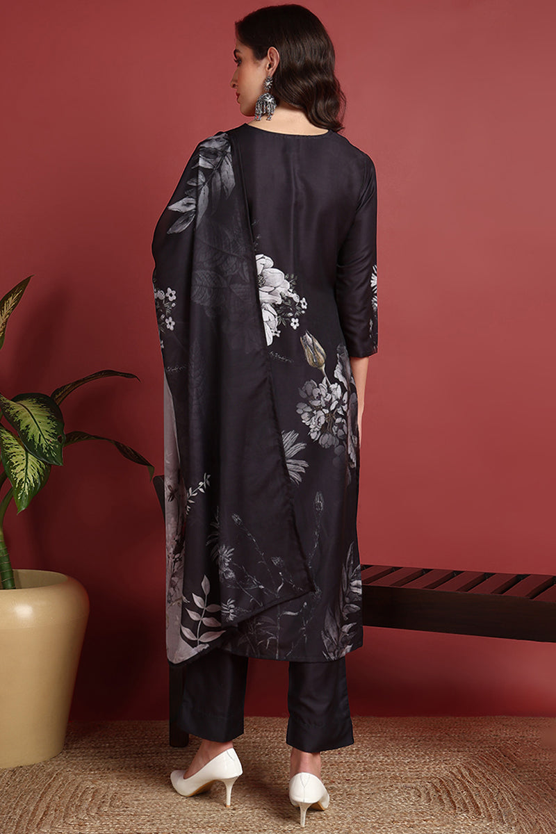 Black Rayon Blend Floral Printed Straight Suit Set | SHOBITAM
